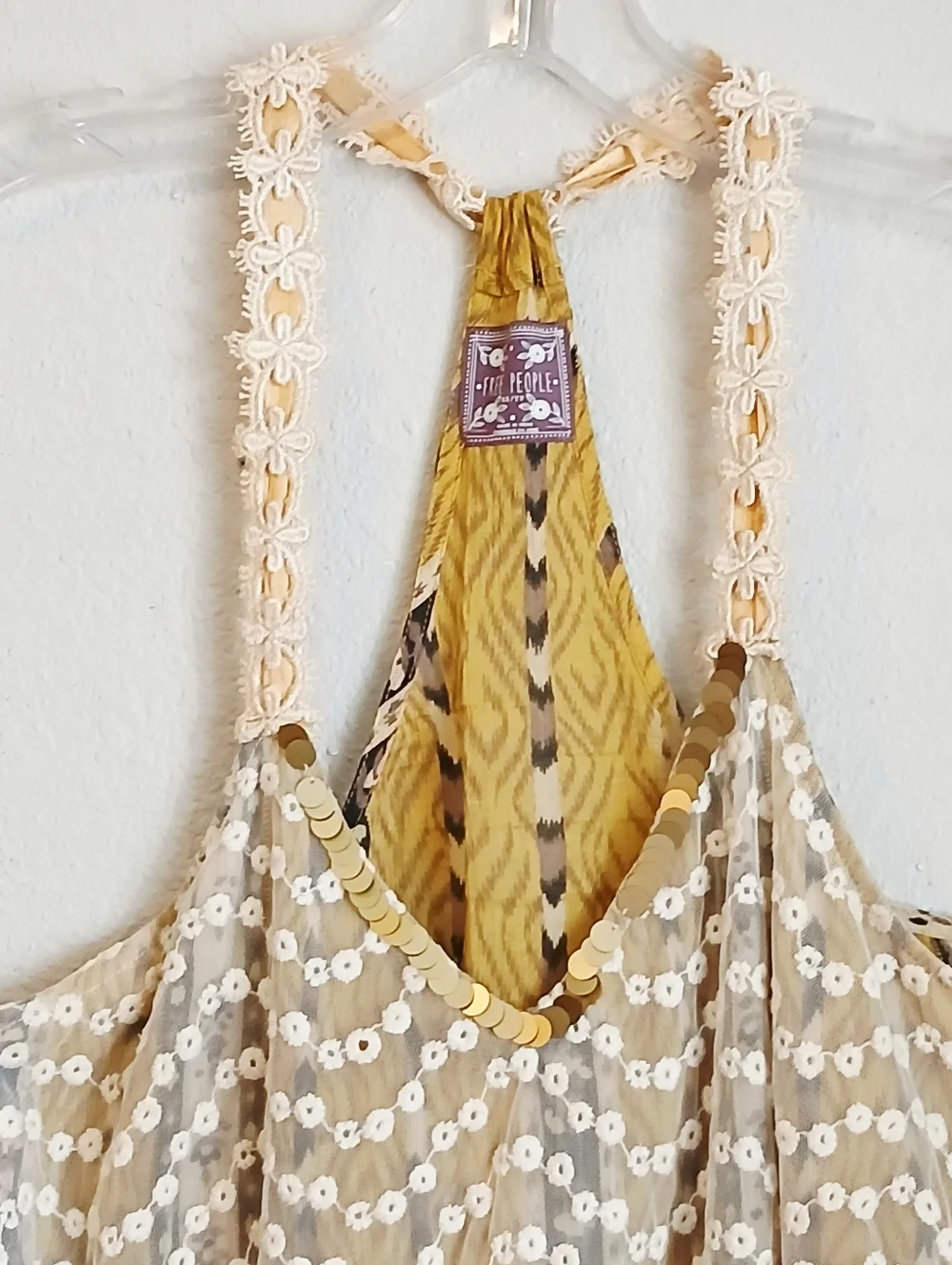 Free People Embroidered Sequin Tank Top Boho Mixed Media Size XS